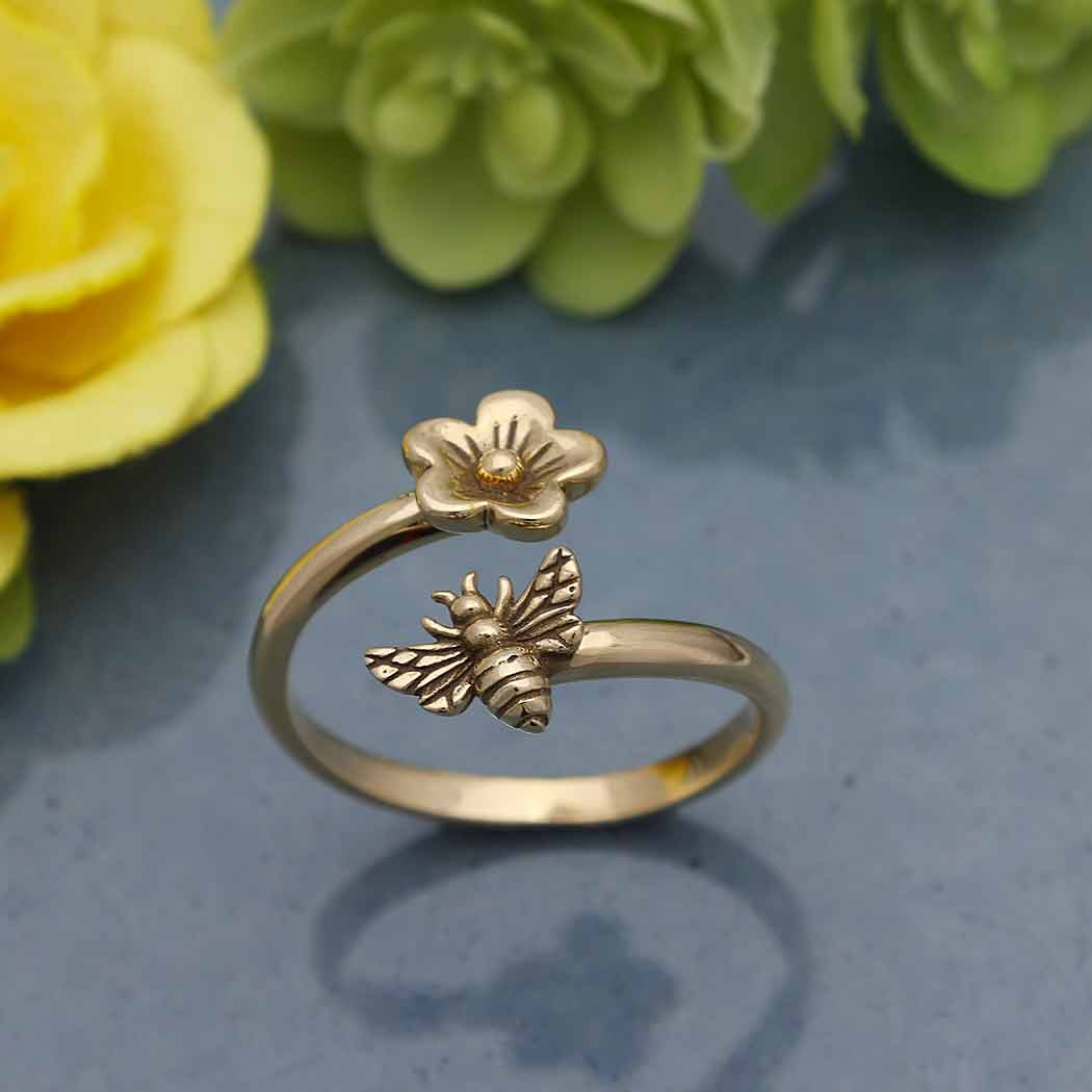 Bronze Bee and Cherry Blossom Adjustable Ring - Poppies Jewelry