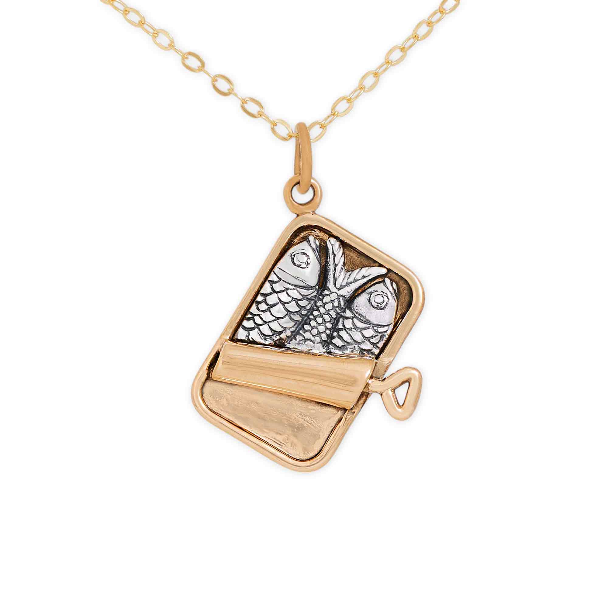 Mixed Metal Sardine Can Necklace with Gold Fill Chain - Poppies Jewelry