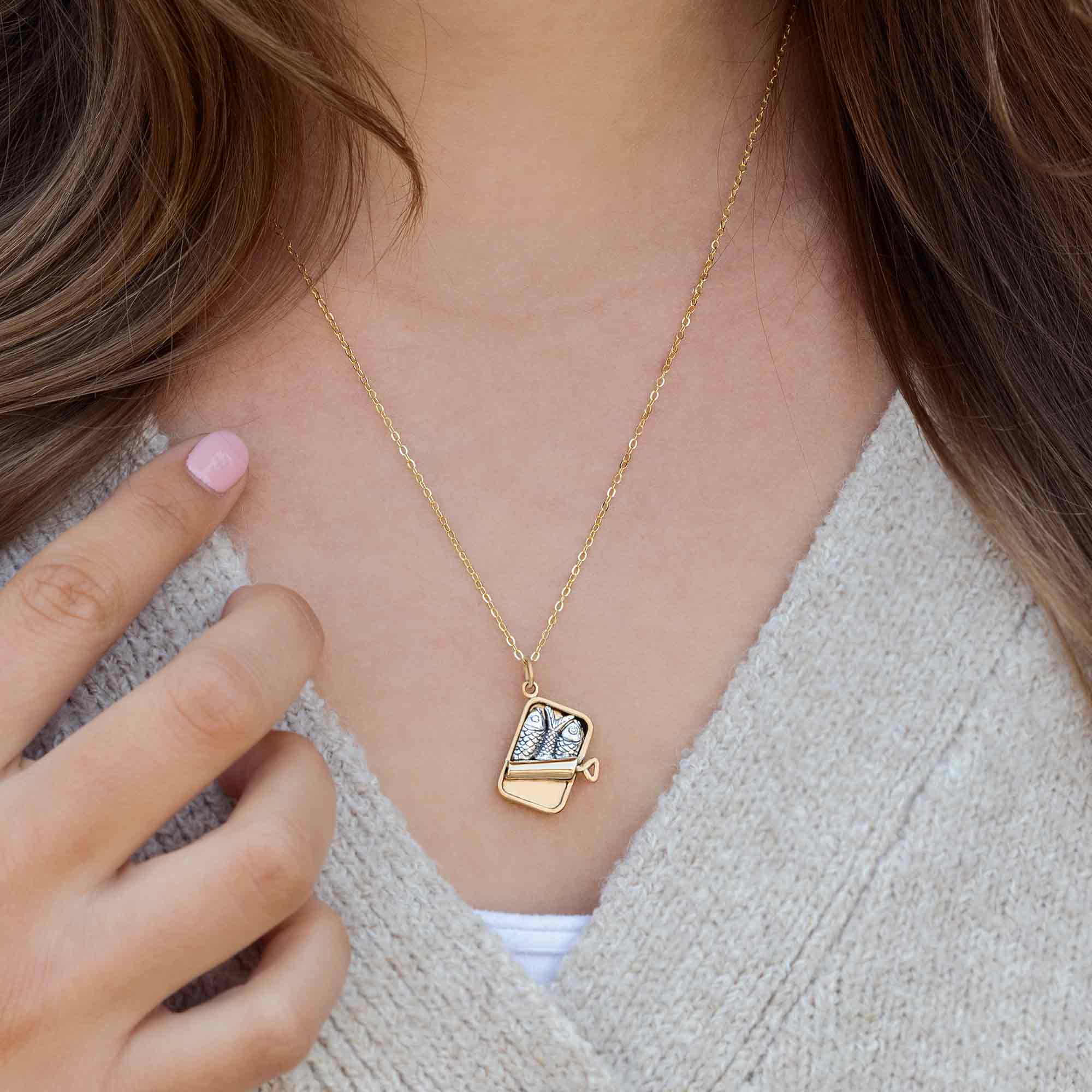 Mixed Metal Sardine Can Necklace with Gold Fill Chain - Poppies Jewelry