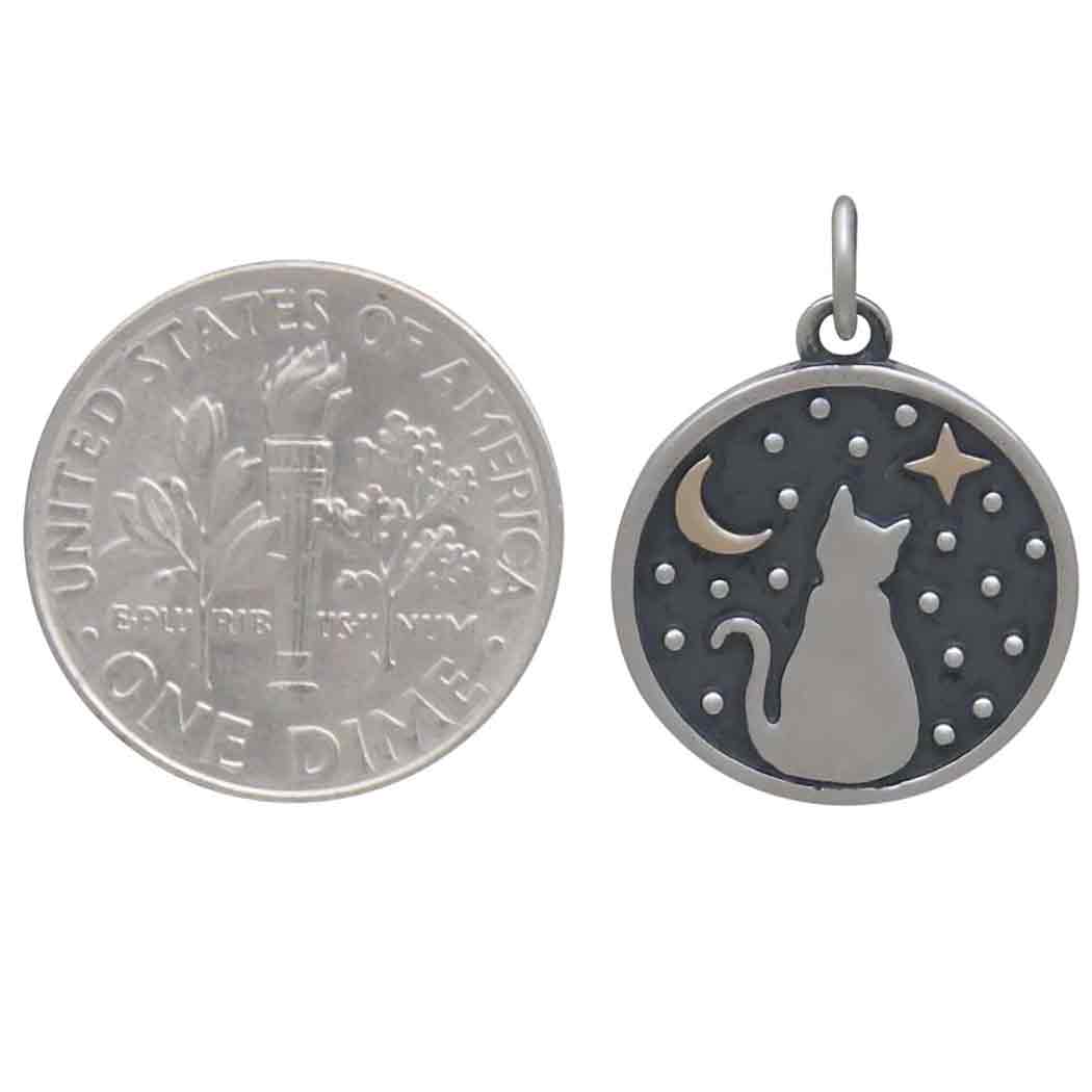 Silver Gazing Kitty Charm with Bronze Star and Moon - Poppies Jewelry