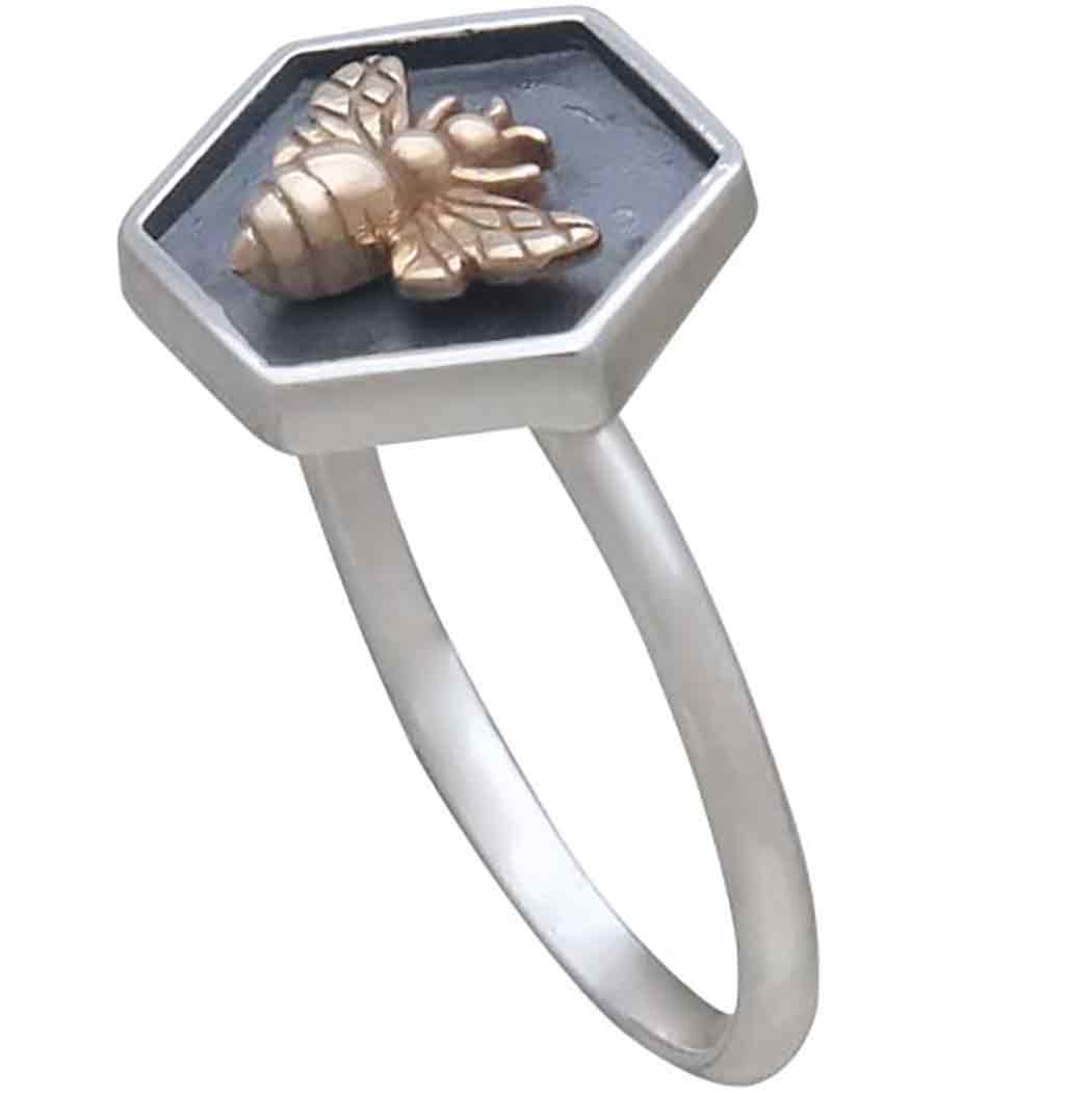 Silver Hexagon Shadow Box Ring with Bronze Bee
