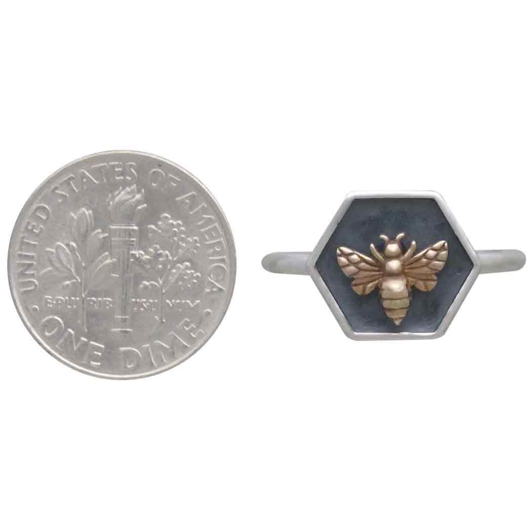 Silver Hexagon Shadow Box Ring with Bronze Bee