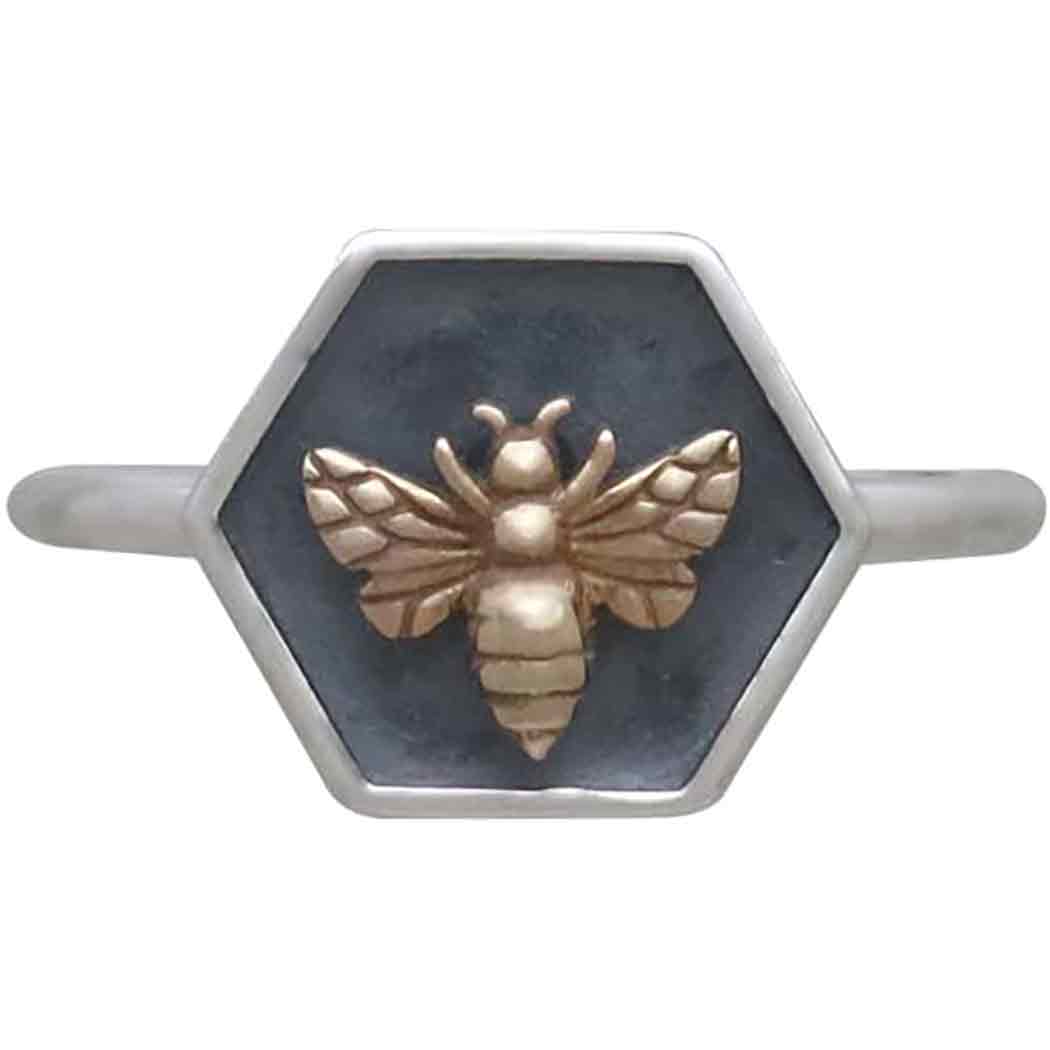 Silver Hexagon Shadow Box Ring with Bronze Bee