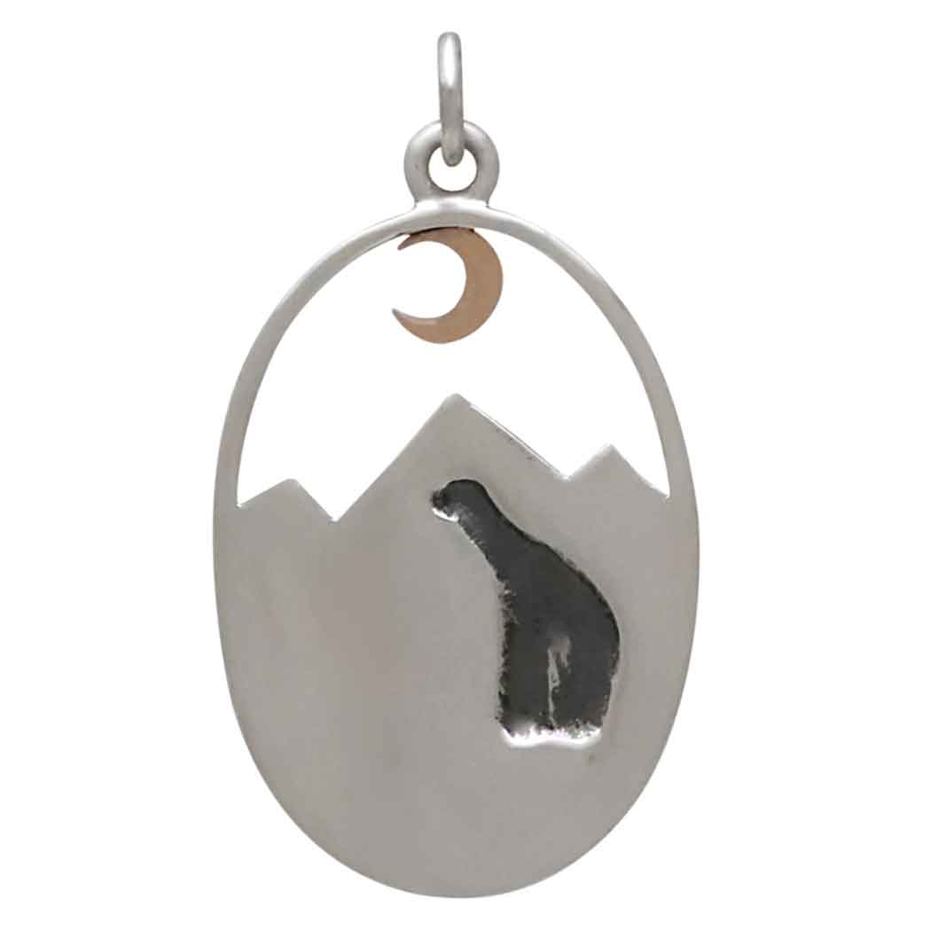 Silver Bear with Mountains and Bronze Moon Charm - Poppies Jewelry