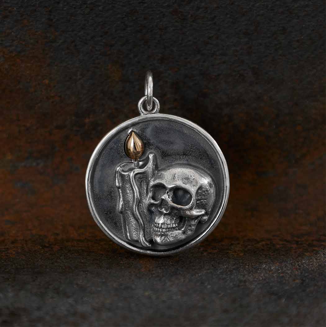 Sterling Silver Candle and Skull Pendant with Bronze Flame