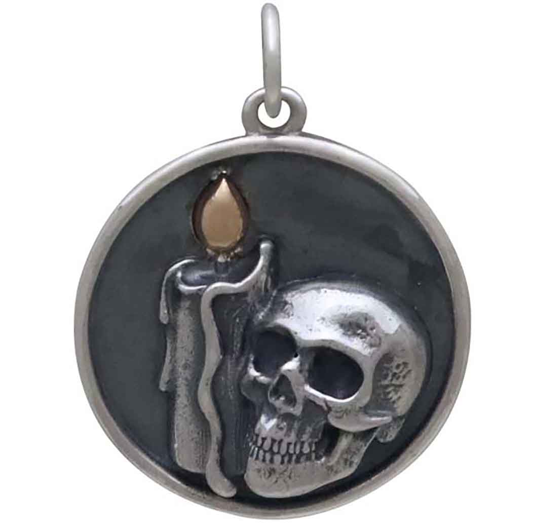 Sterling Silver Candle and Skull Pendant with Bronze Flame