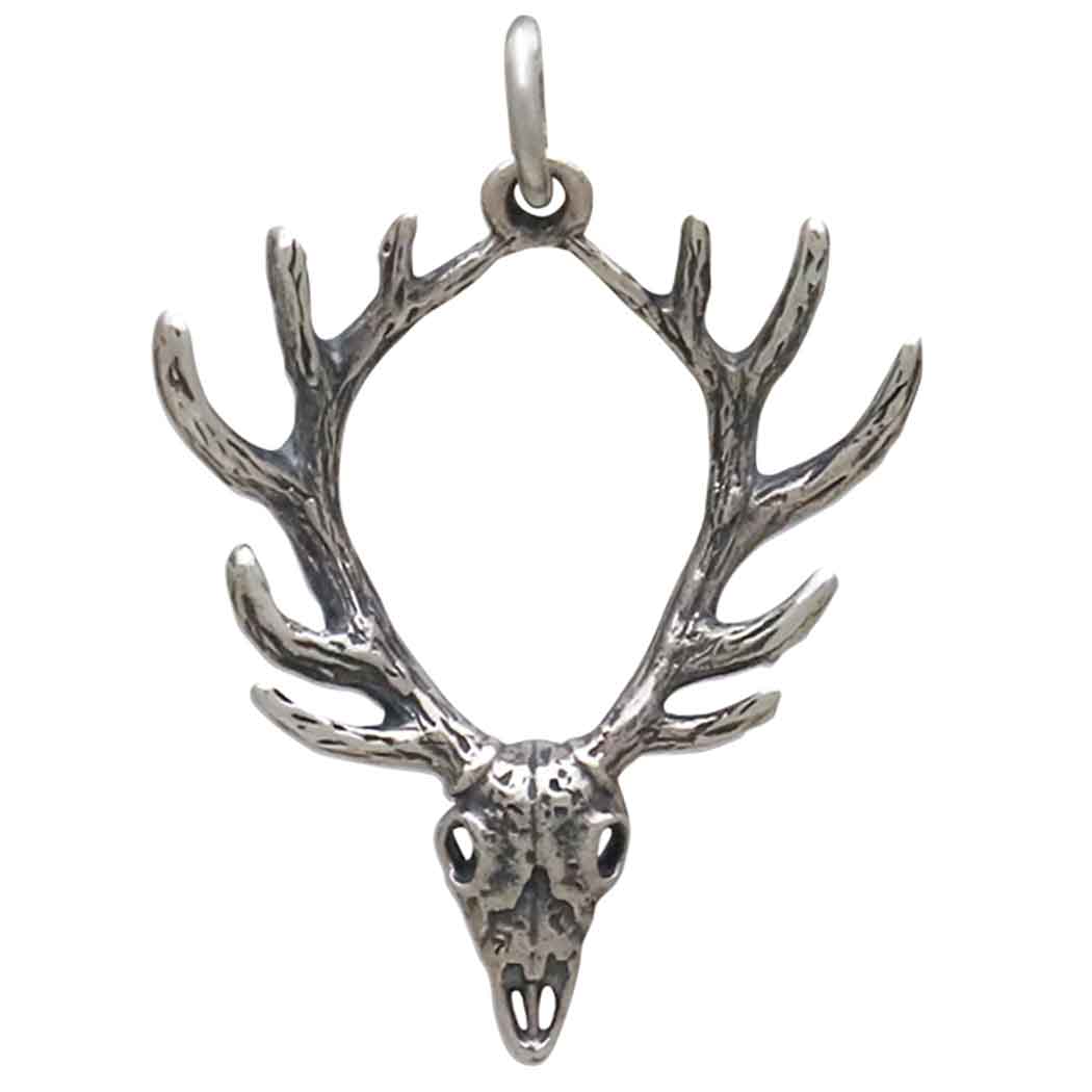 Sterling Silver Deer Skull with Antlers Pendant - Poppies Jewelry