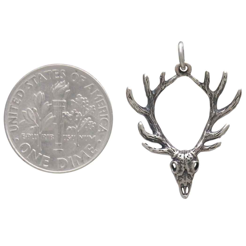 Sterling Silver Deer Skull with Antlers Pendant - Poppies Jewelry