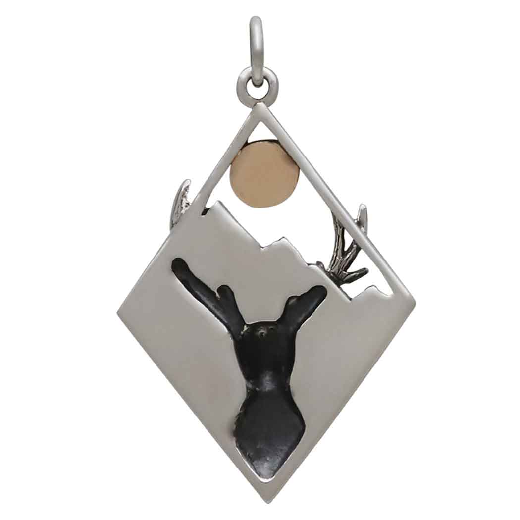 Sterling Silver Elk in Diamond Frame with Bronze Sun