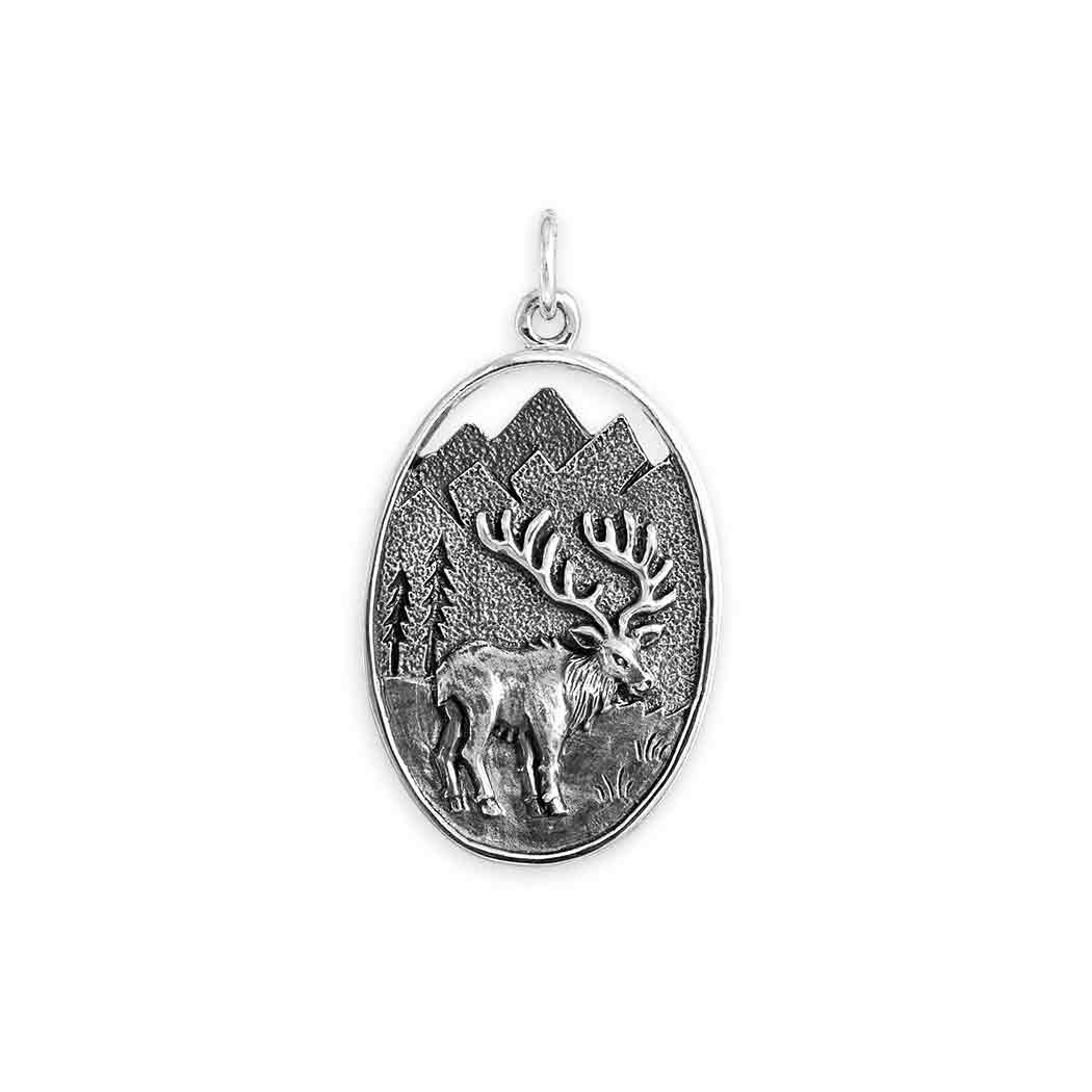 Sterling Silver Elk in Meadow Pendant - Poppies Jewelry