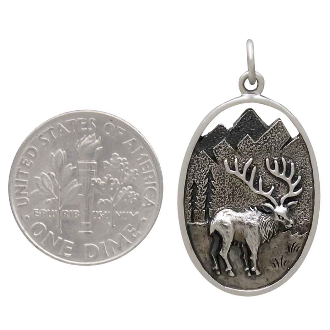 Sterling Silver Elk in Meadow Pendant - Poppies Jewelry