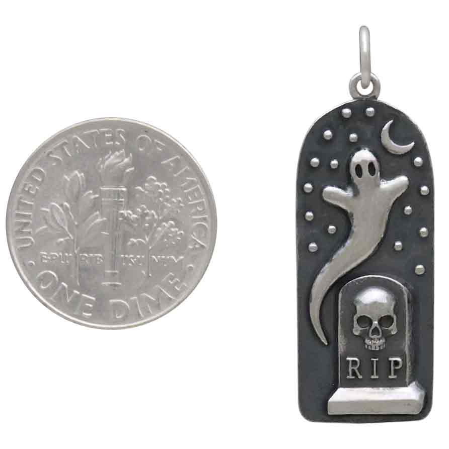 Sterling Silver Ghost in Graveyard Charm - Poppies Jewelry