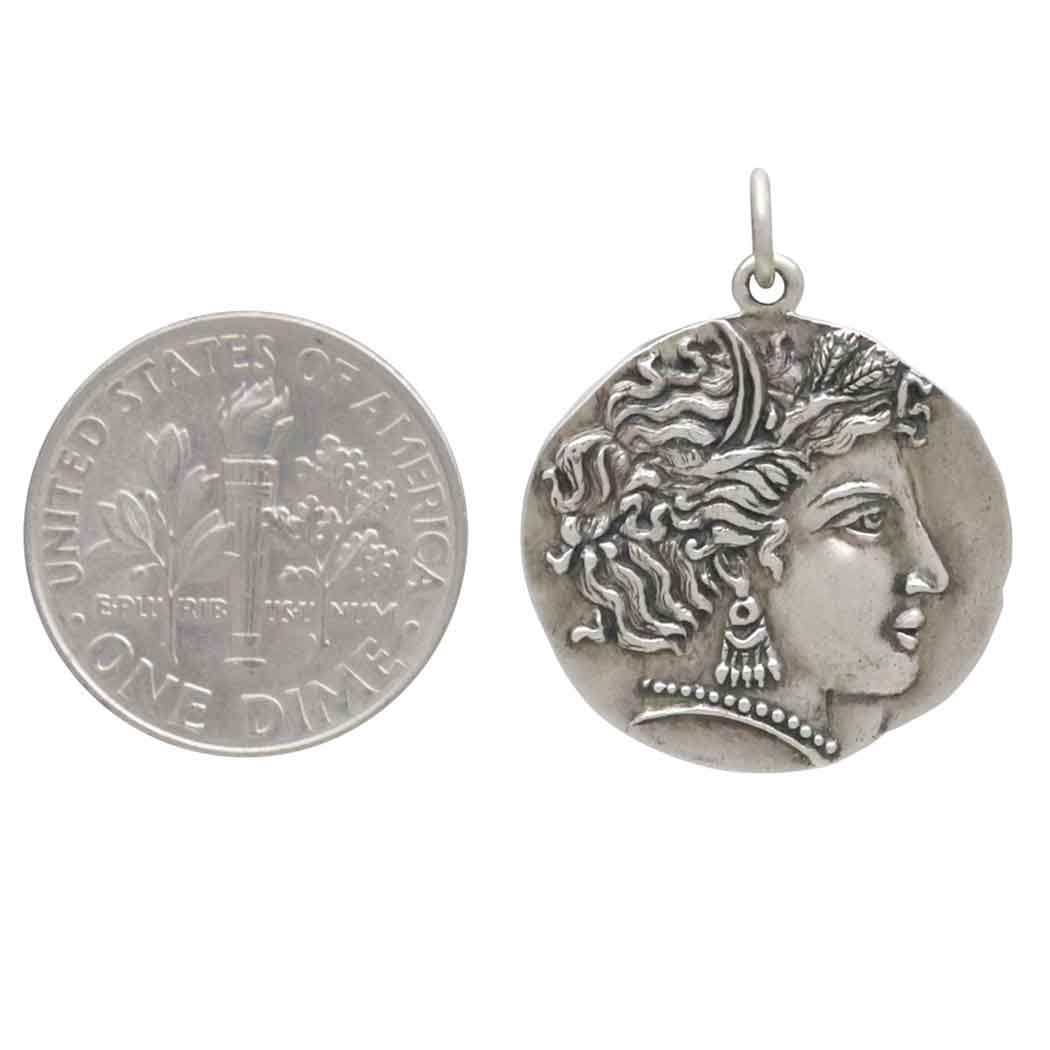 Sterling Silver Goddess Demeter Coin Pendant - Poppies Jewelry