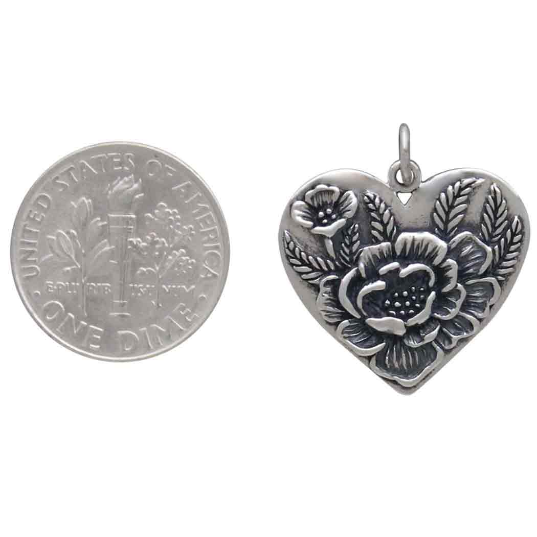 Sterling Silver Heart Pendant with Peony Flowers - Poppies Jewelry