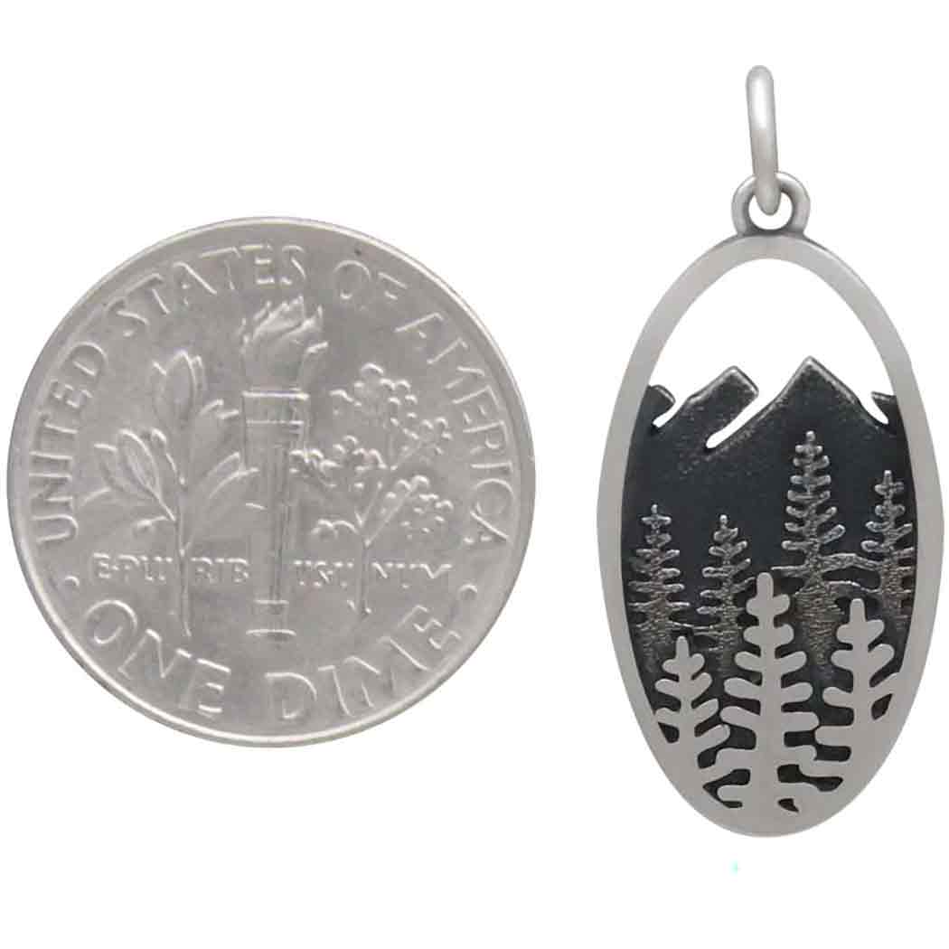 Sterling Silver Layered Tree and Mountain Oval Charm - Poppies Jewelry