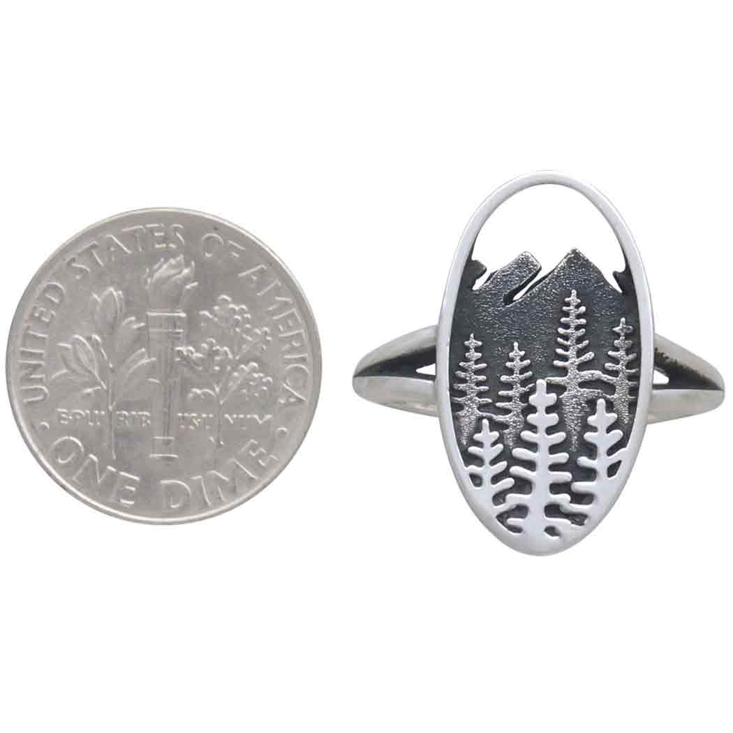 Sterling Silver Layered Trees and Mountains Oval Ring - Poppies Jewelry