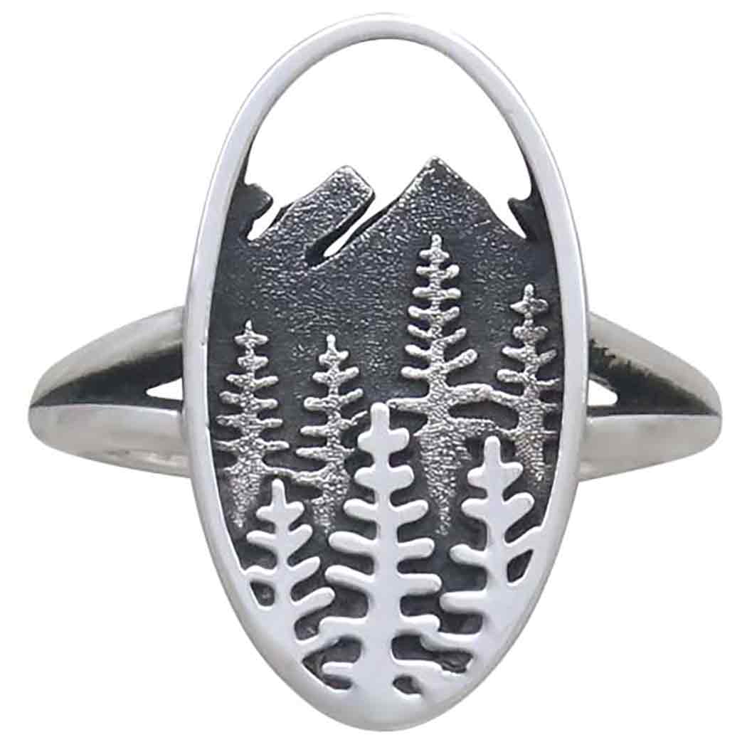 Sterling Silver Layered Trees and Mountains Oval Ring - Poppies Jewelry