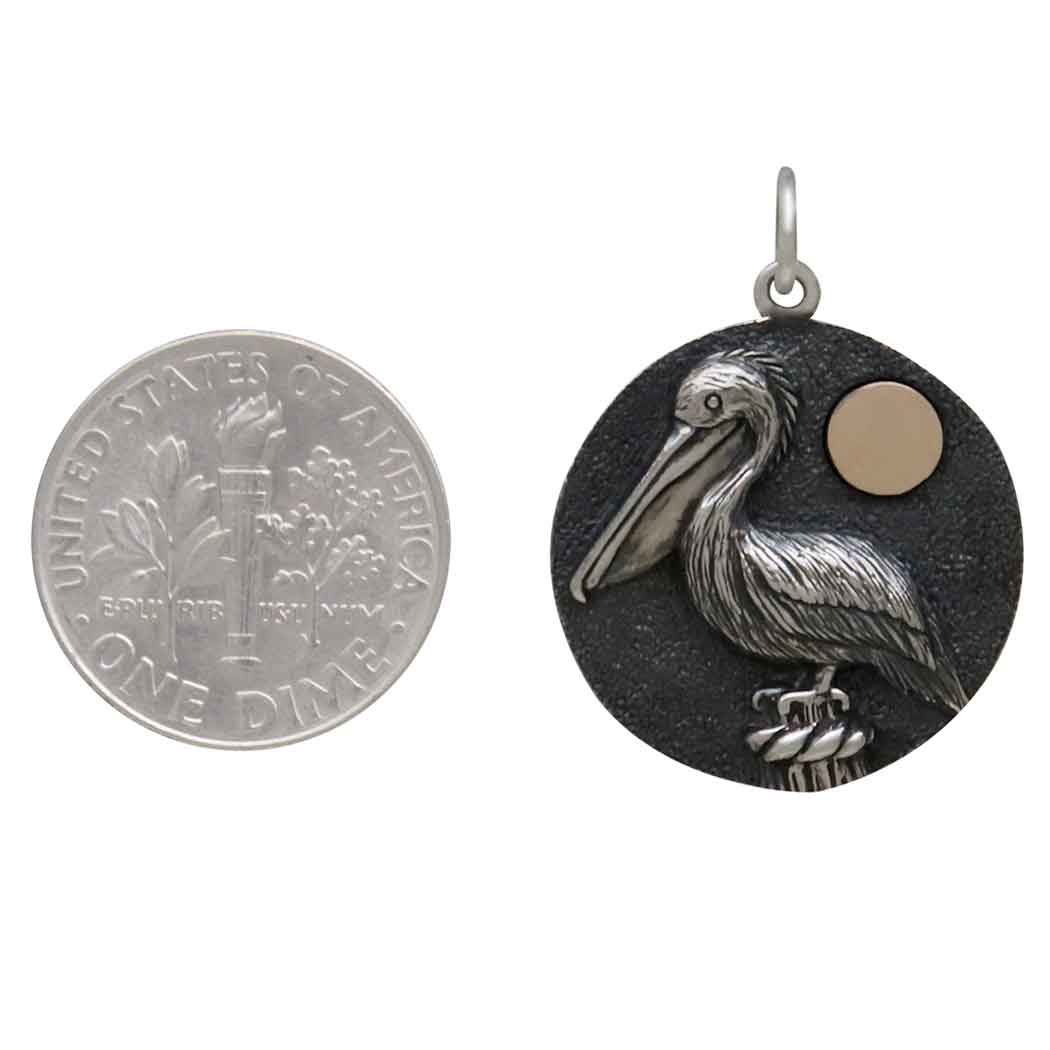 Sterling Silver Pelican Charm with Bronze Sun - Poppies Jewelry