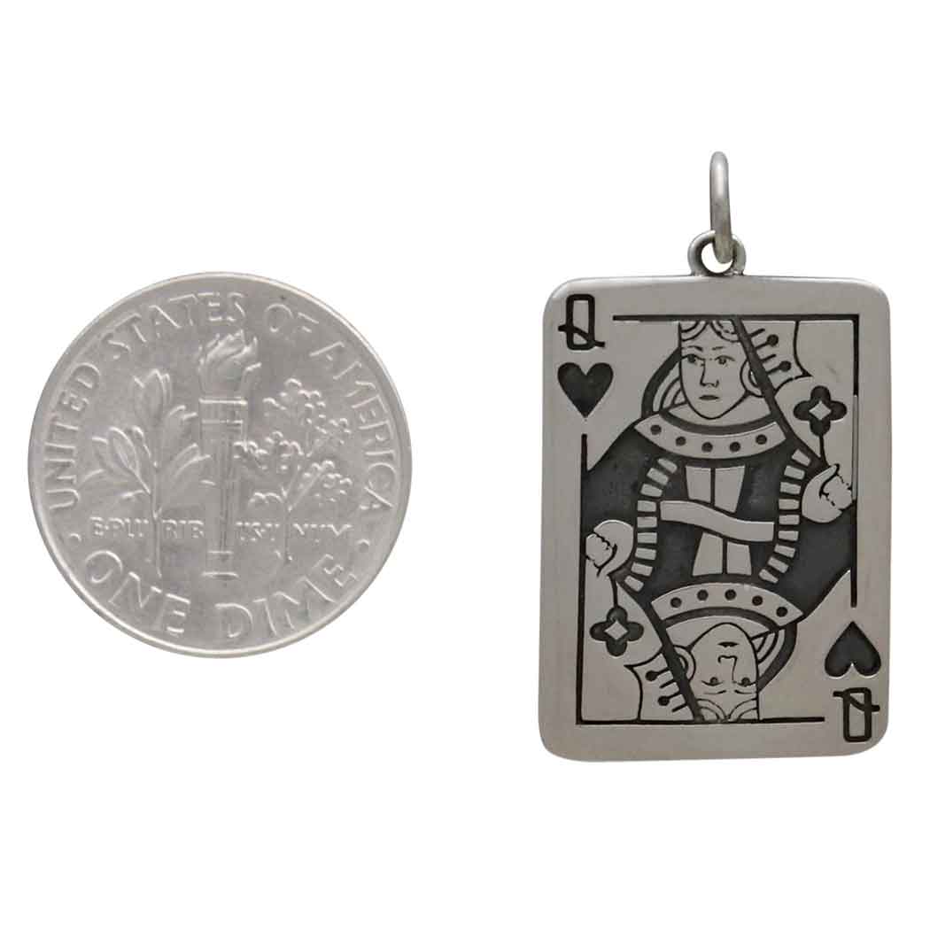 Sterling Silver Queen Playing Card Pendant- Poppies Jewelry