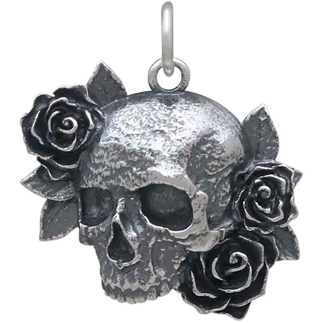 Sterling Silver Skull and Roses Pendant - Poppies Jewelry