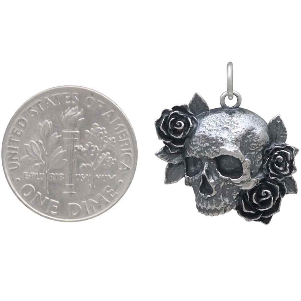 Sterling Silver Skull and Roses Pendant - Poppies Jewelry