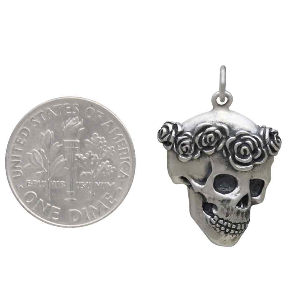 Sterling Silver Skull with Rose Crown Pendant - Poppies Jewelry