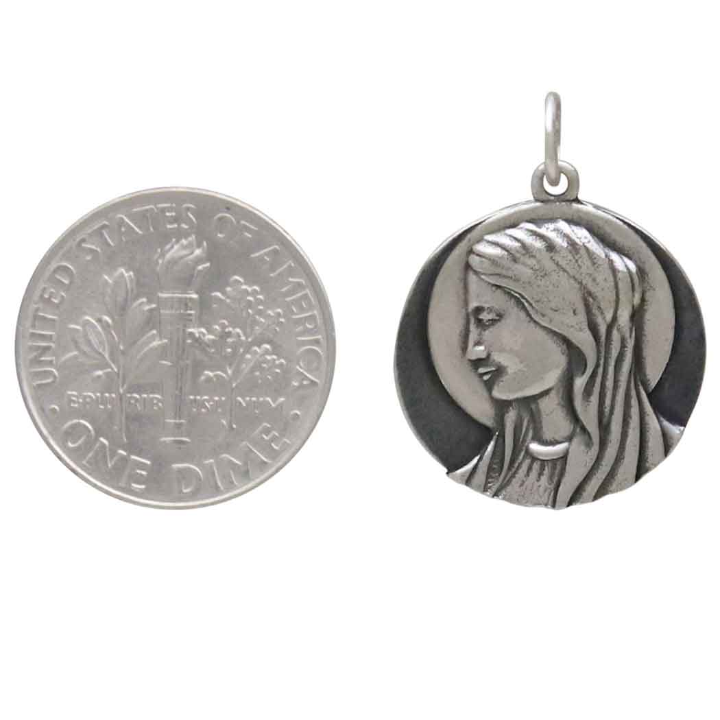 Sterling Silver Virgin Mary Portrait Charm - Poppies Jewelry