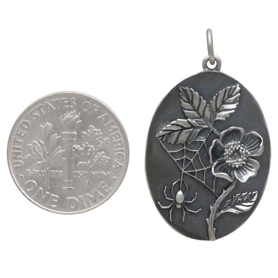 Sterling Silver Wild Rose and Spider Pendant - Poppies Jewelry