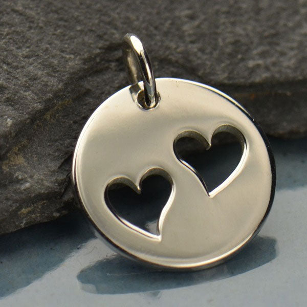 Sterling Silver Round Charm Two Heart Cutout