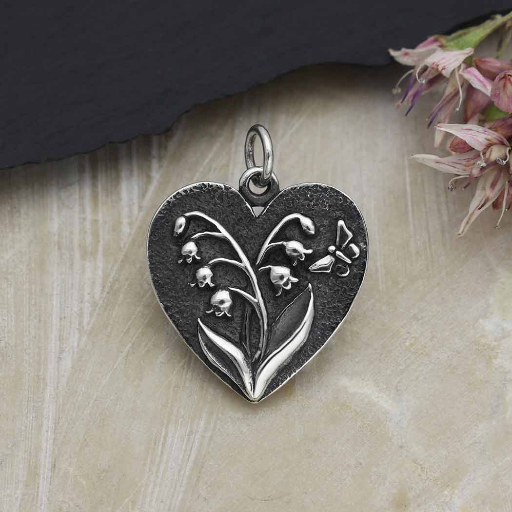 Sterling Silver Heart Lily of the Valley Charm