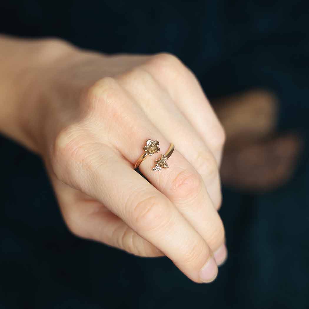 Bronze Bee and Cherry Blossom Adjustable Ring - Poppies Jewelry