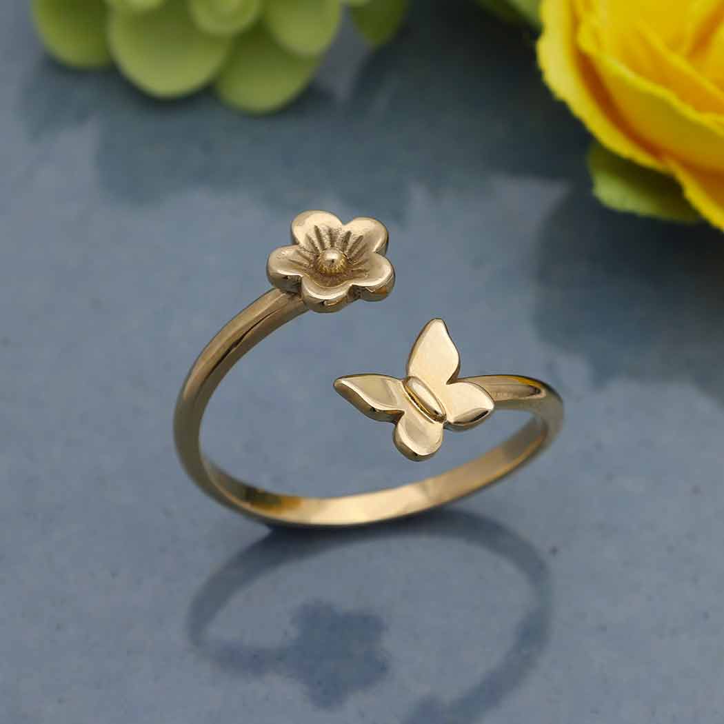 Bronze Butterfly and Flower Adjustable Ring - Poppies Jewelry