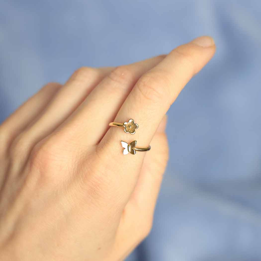 Bronze Butterfly and Flower Adjustable Ring - Poppies Jewelry