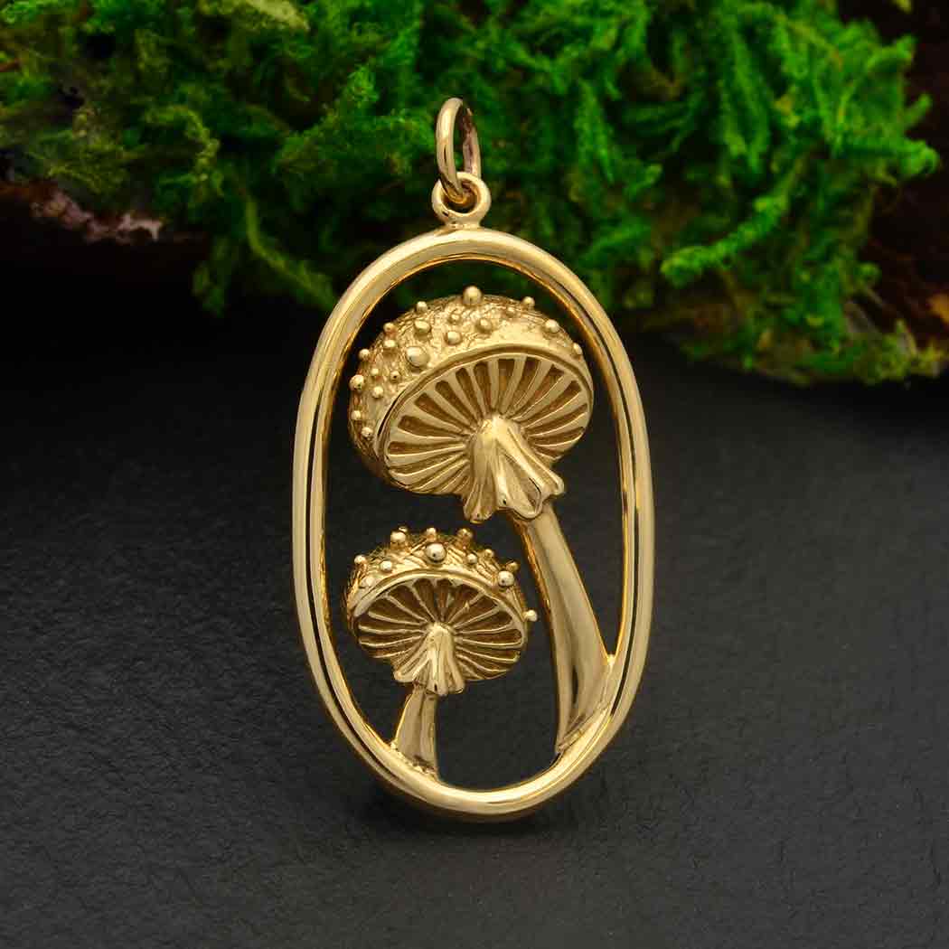 Bronze  Agaric Mushroom Pendant in Oval - Poppies Jewelry