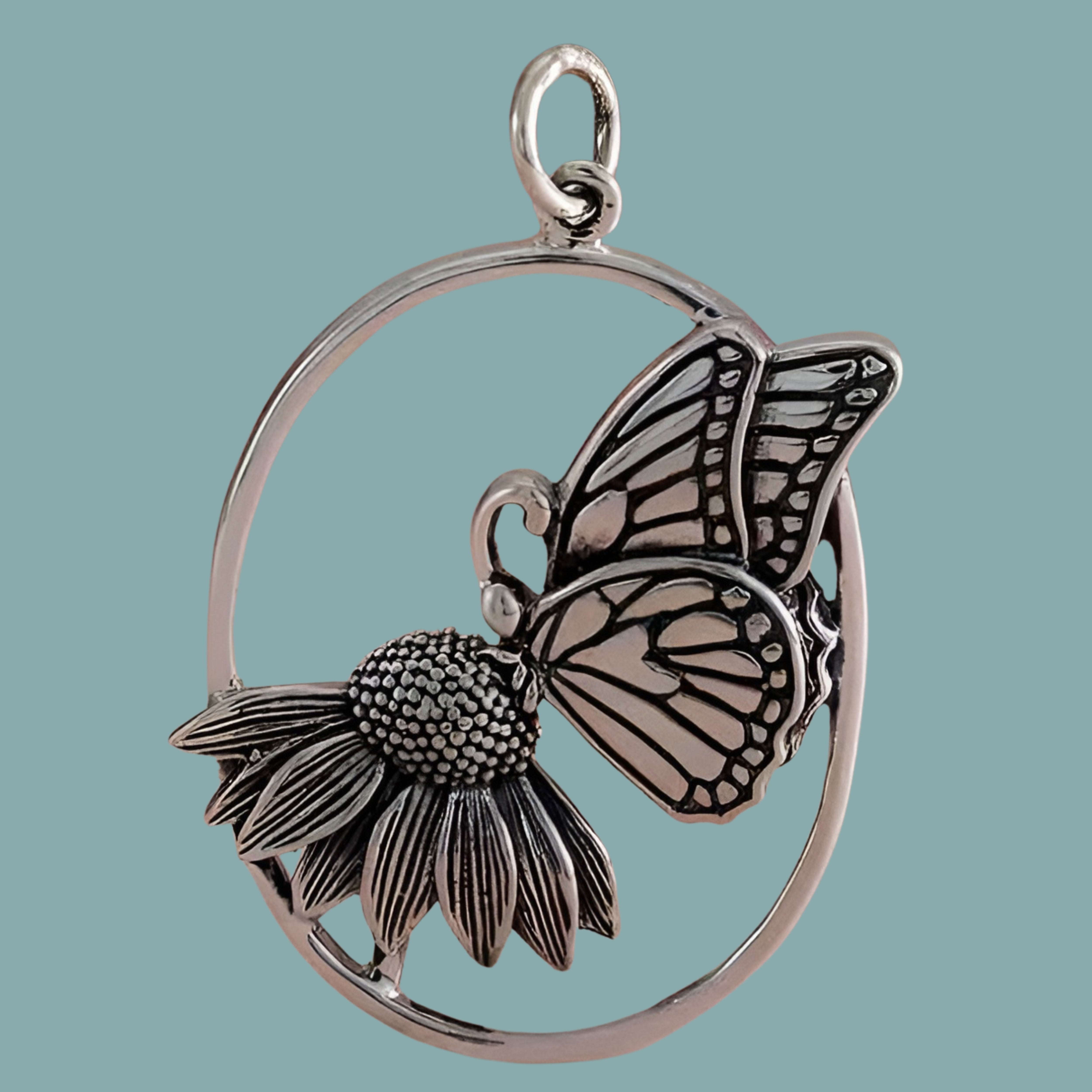 Sterling Silver Butterfly on Flower Pendant