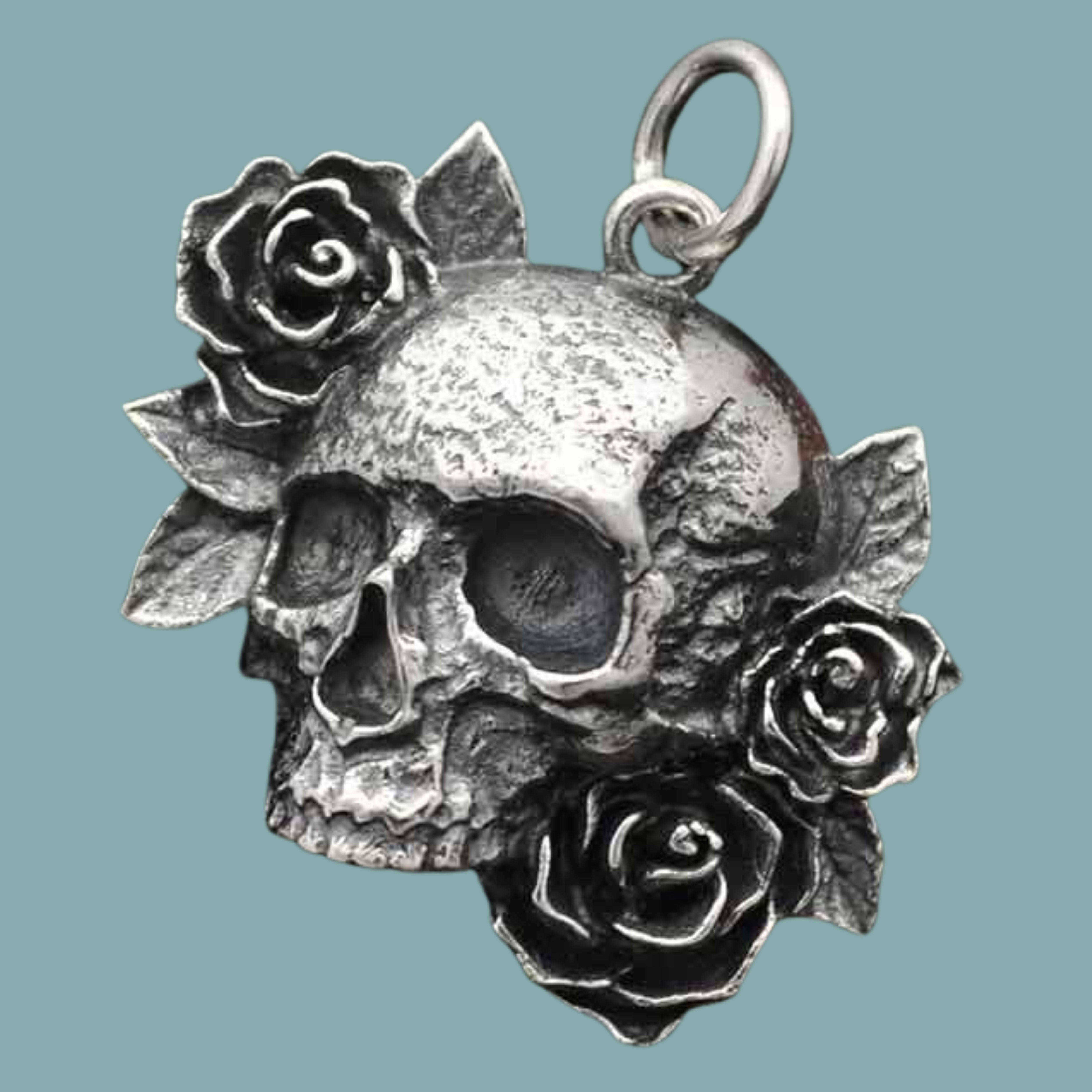 Sterling Silver Skull and Roses Pendant - Poppies Jewelry