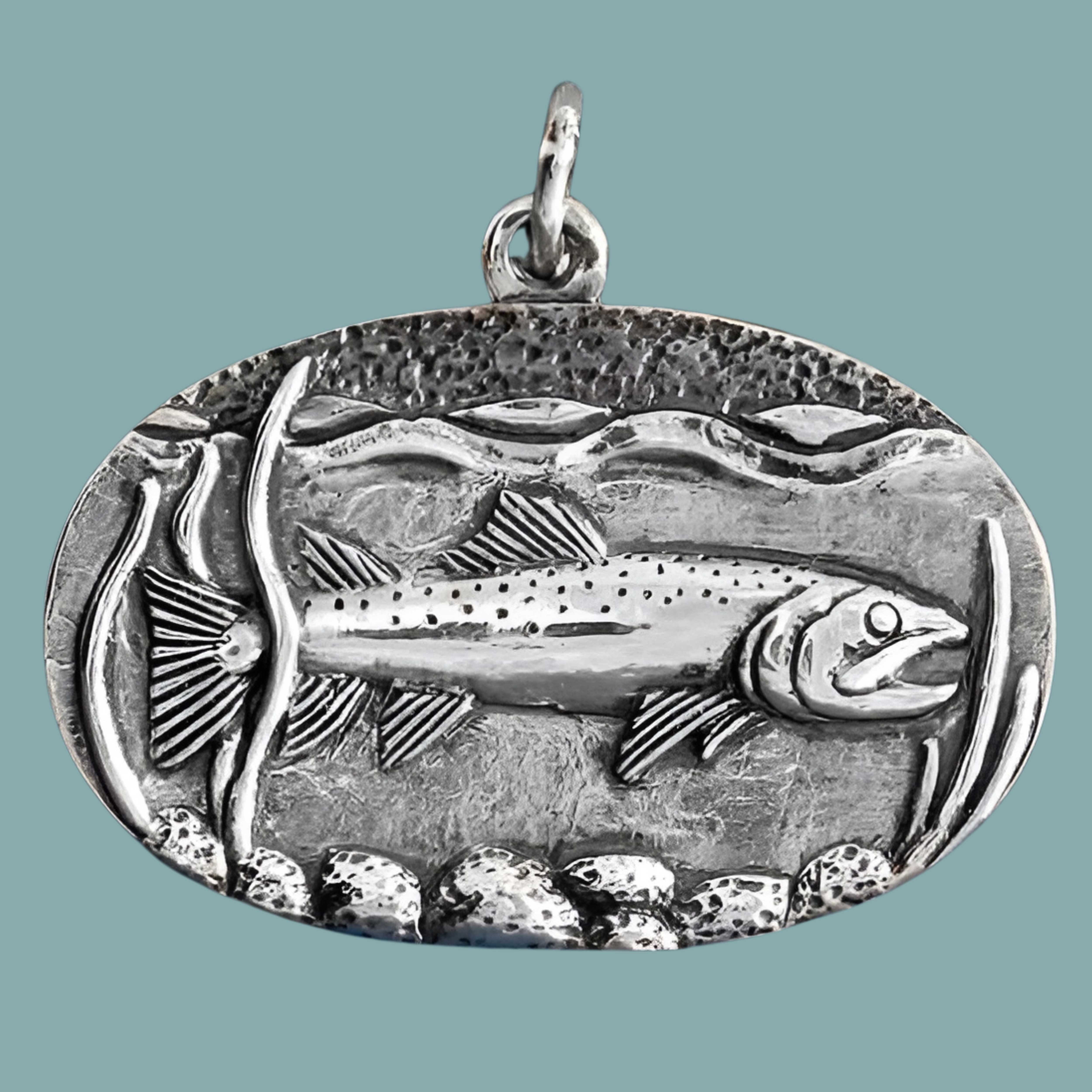 Sterling Silver Trout in Stream Pendant - Poppies Jewelry