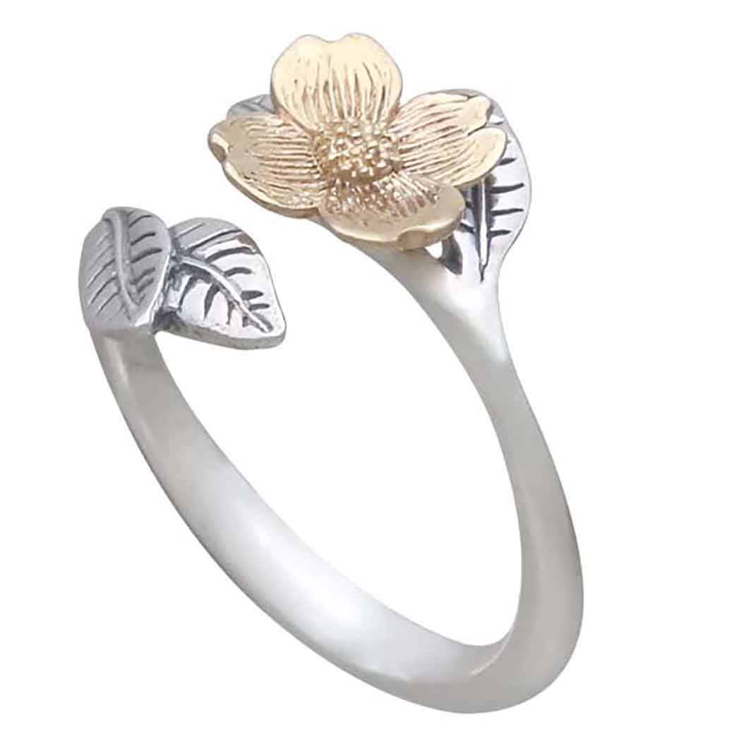 Mixed Metal Adjustable Dogwood Flower and Leaves Ring