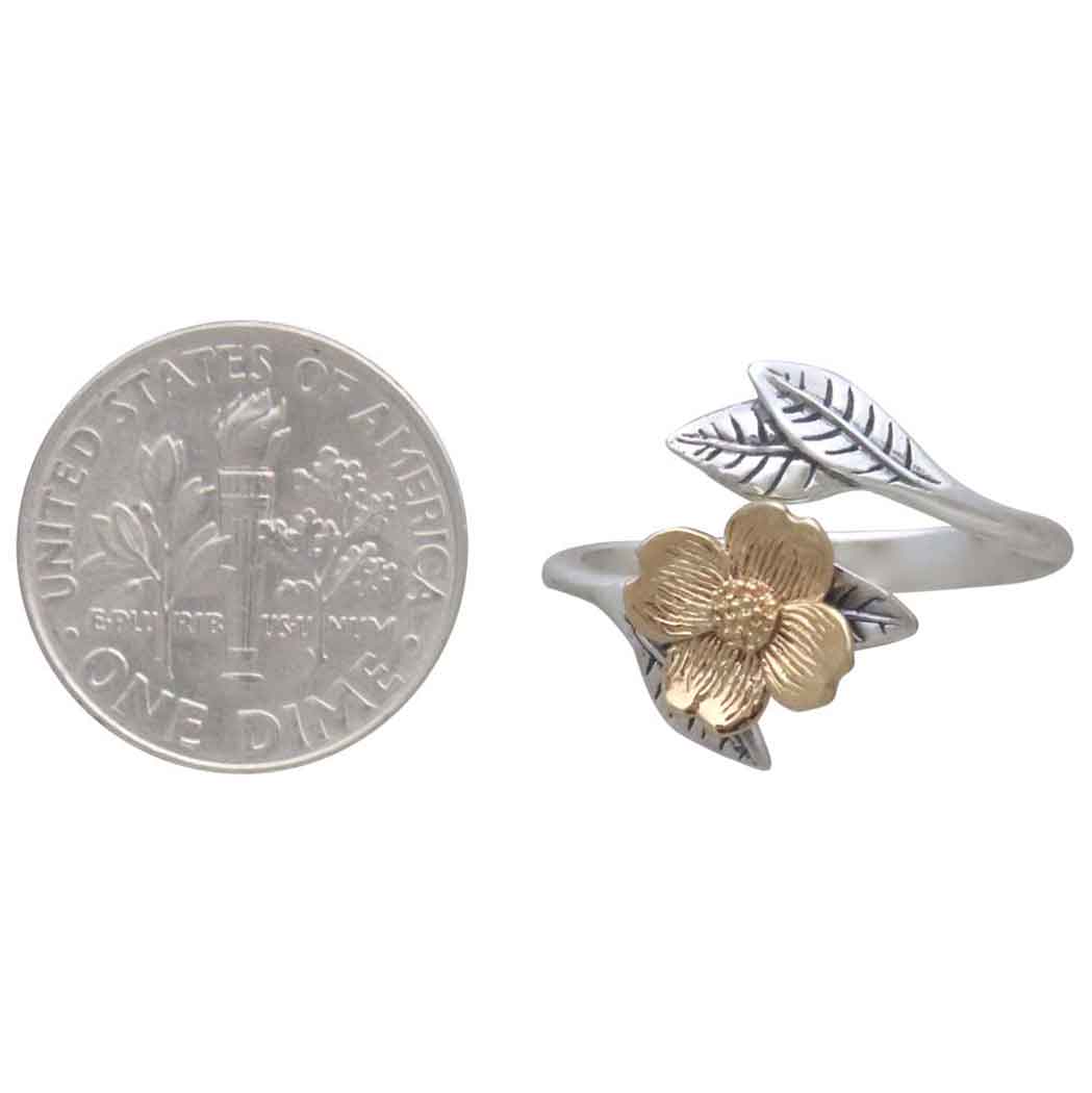 Mixed Metal Adjustable Dogwood Flower and Leaves Ring