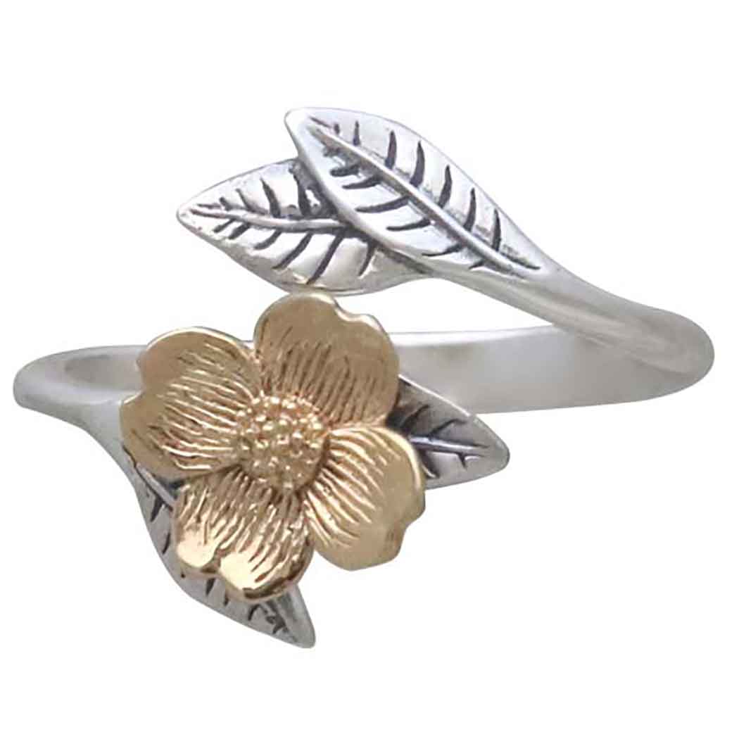 Mixed Metal Adjustable Dogwood Flower and Leaves Ring