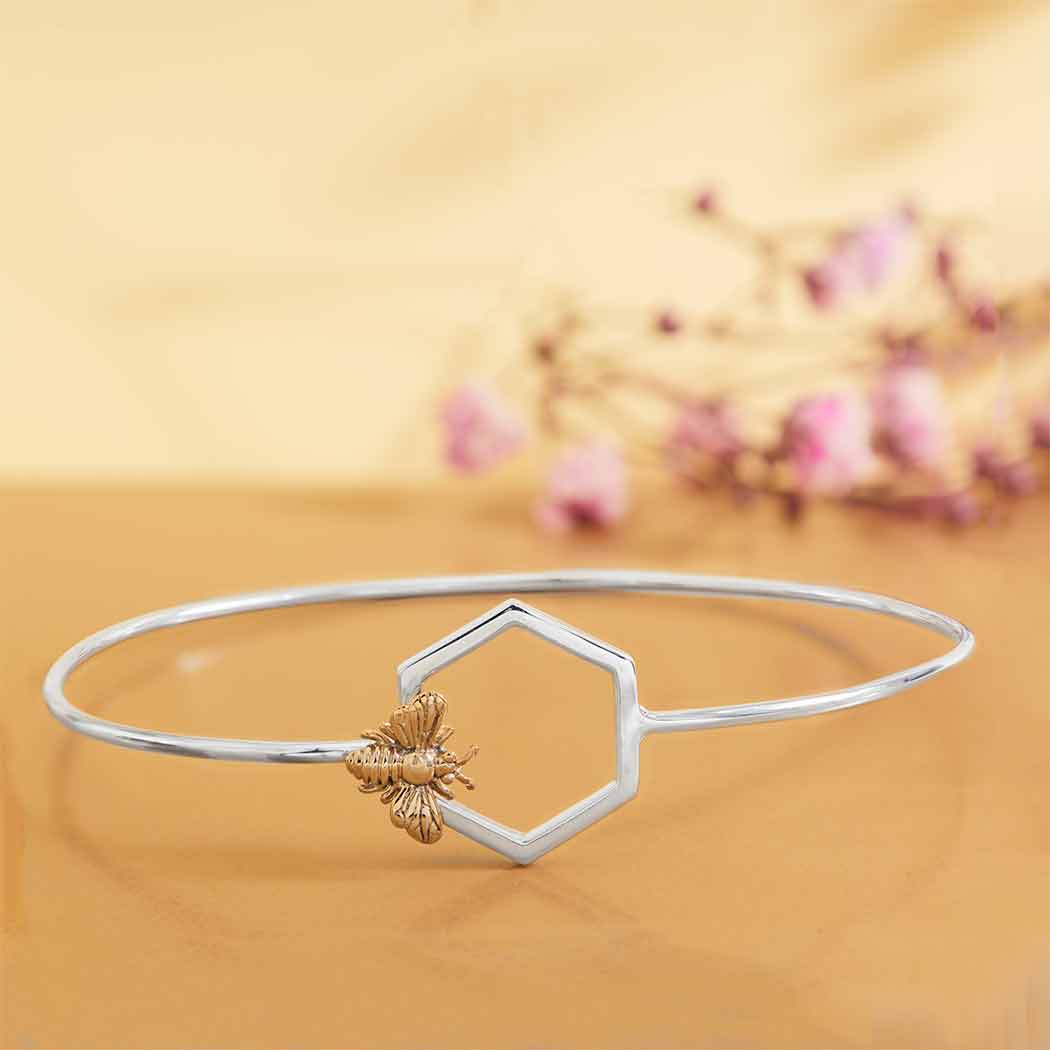 Mixed Metal Hook and Eye Bracelet with Hexagon and Bee