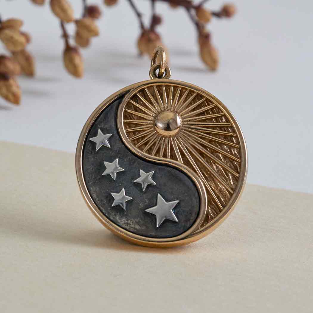 Mixed Metal Yin Yang Sun and Stars Pendant - Poppies Beads N' More