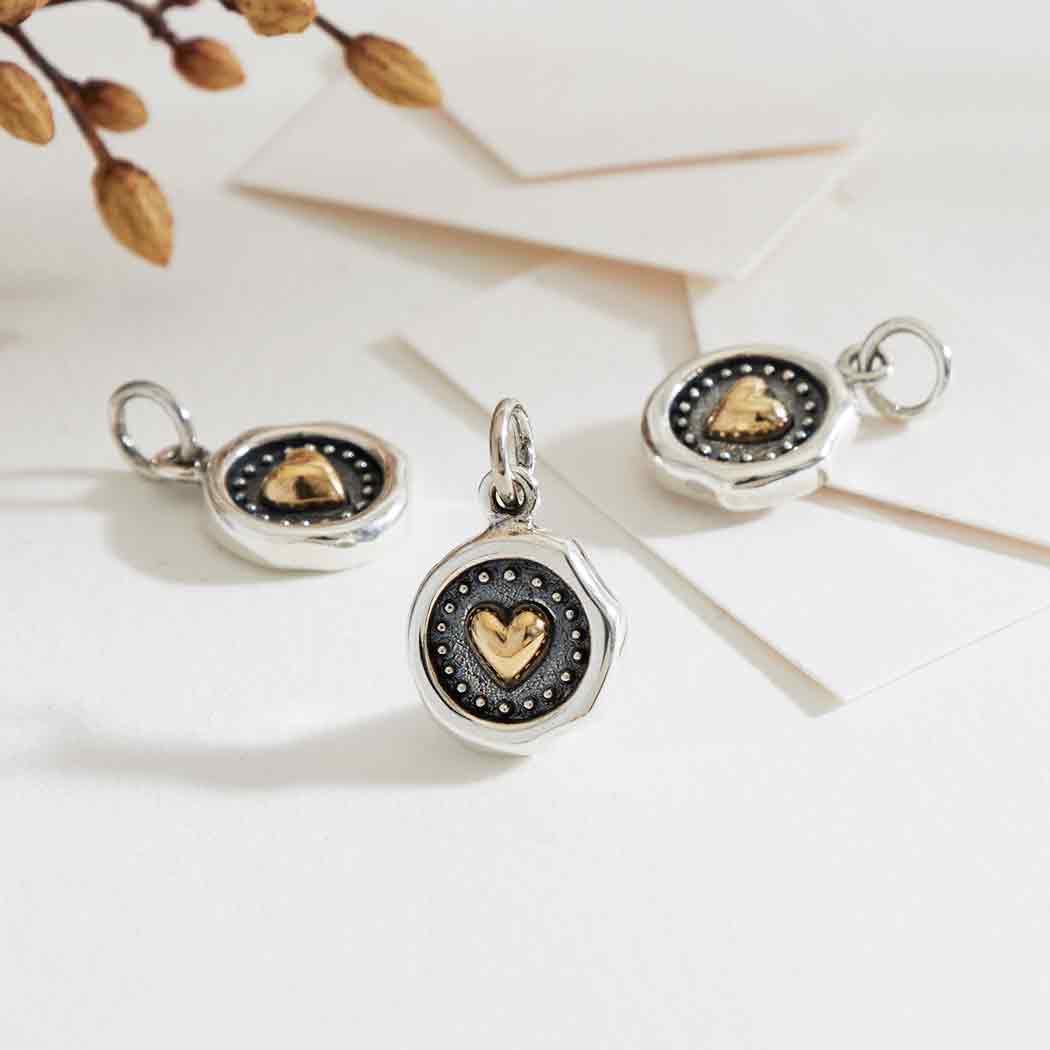 Silver Wax Seal Heart Charm with Bronze Heart - Poppies Beads N' More