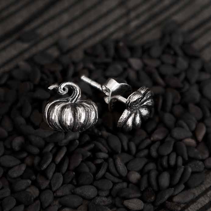 Sterling Silver 3D Pumpkin Post Earrings - Poppies  Jewelry