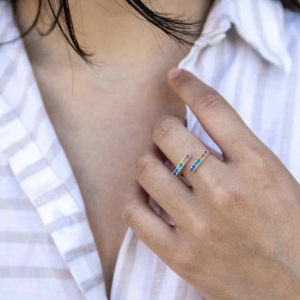 Sterling Silver Adjustable Double Horizontal Rainbow Ring - Poppies Beads N' More