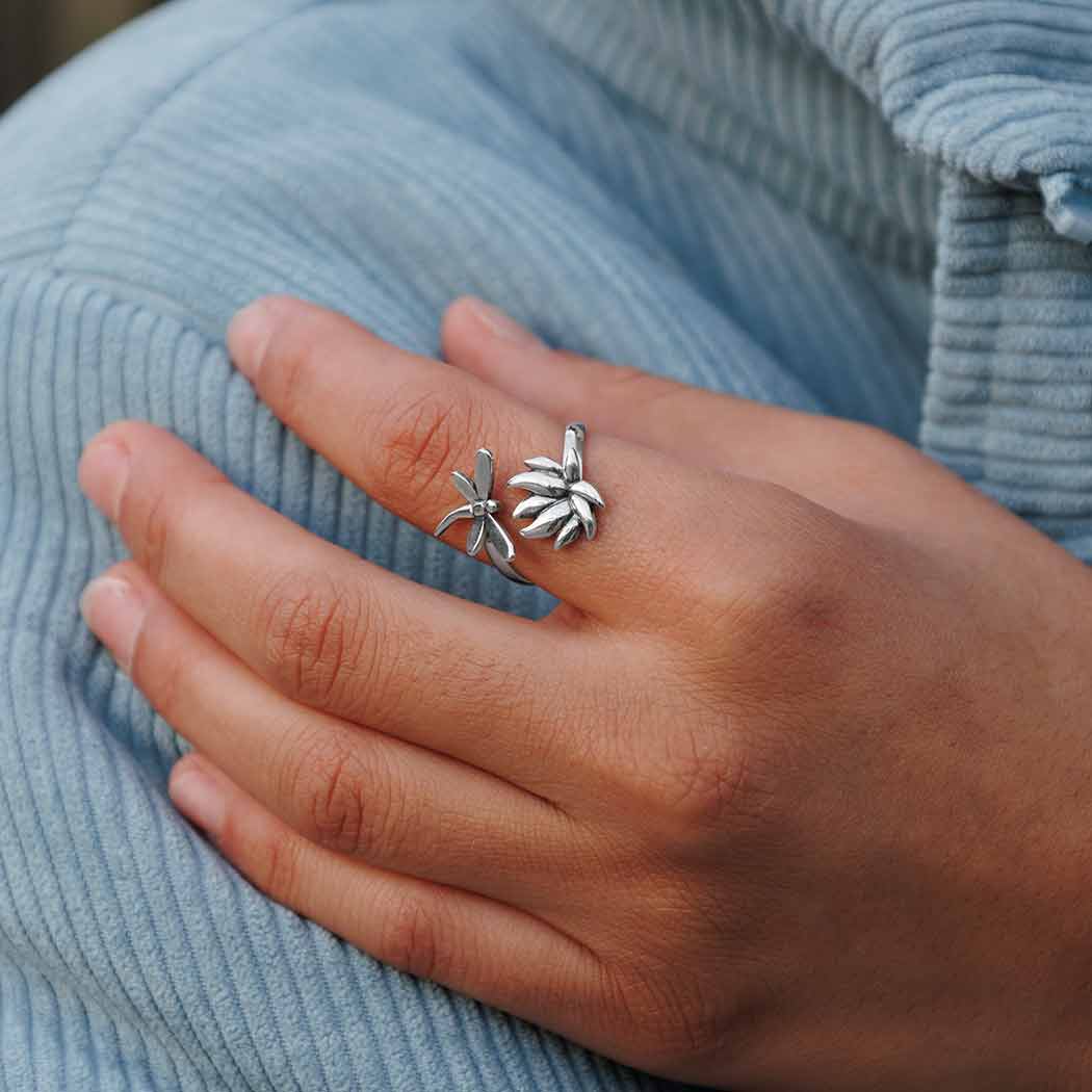 Sterling Silver Adjustable Dragonfly and Lotus Ring