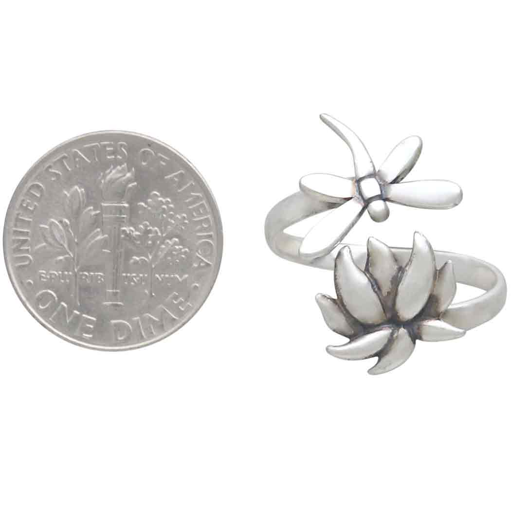 Sterling Silver Adjustable Dragonfly and Lotus Ring