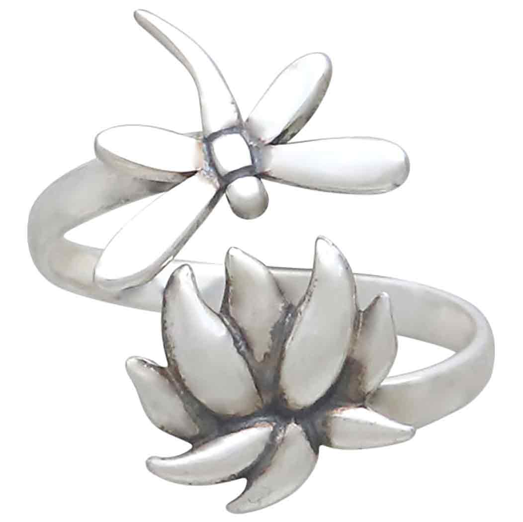 Sterling Silver Adjustable Dragonfly and Lotus Ring