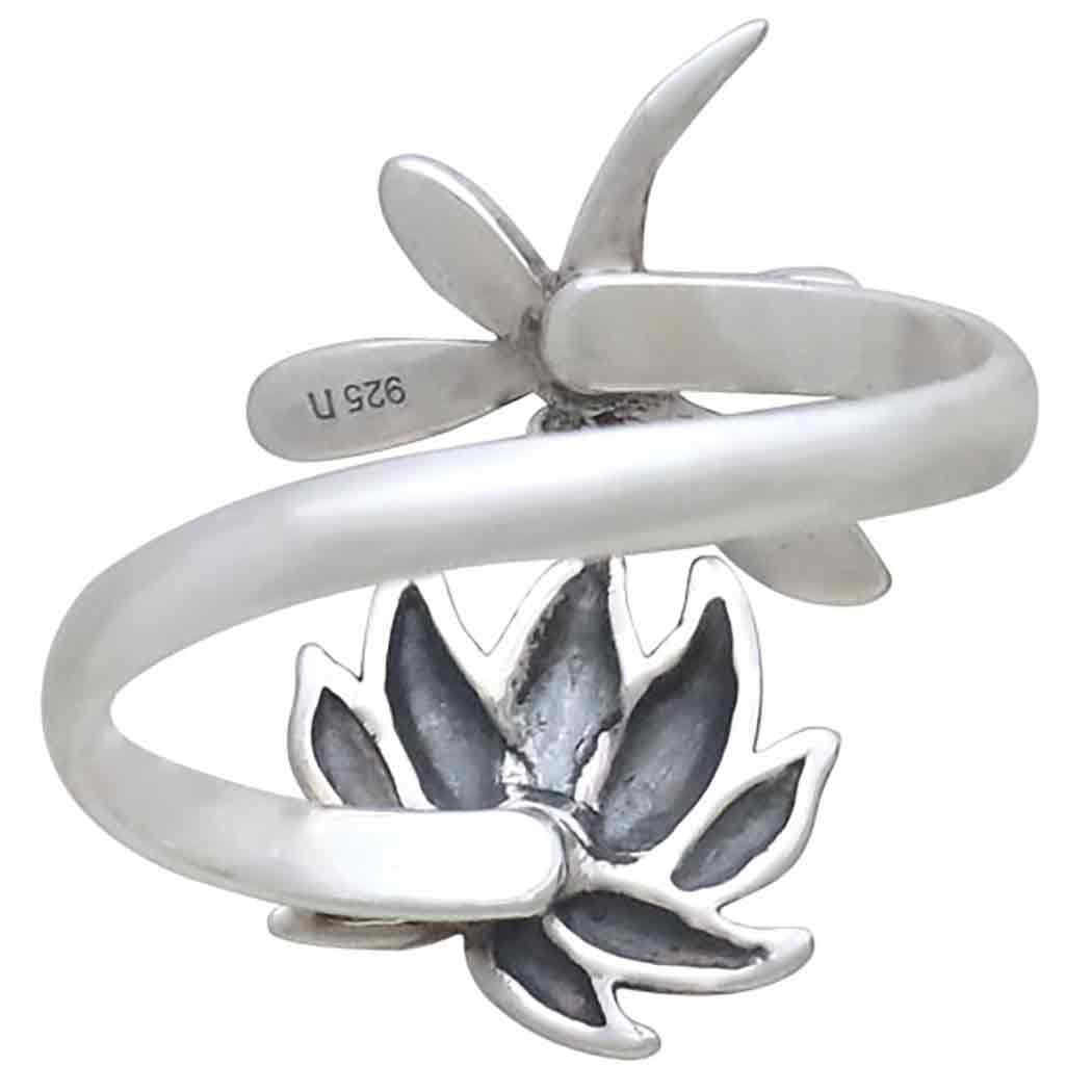 Sterling Silver Adjustable Dragonfly and Lotus Ring