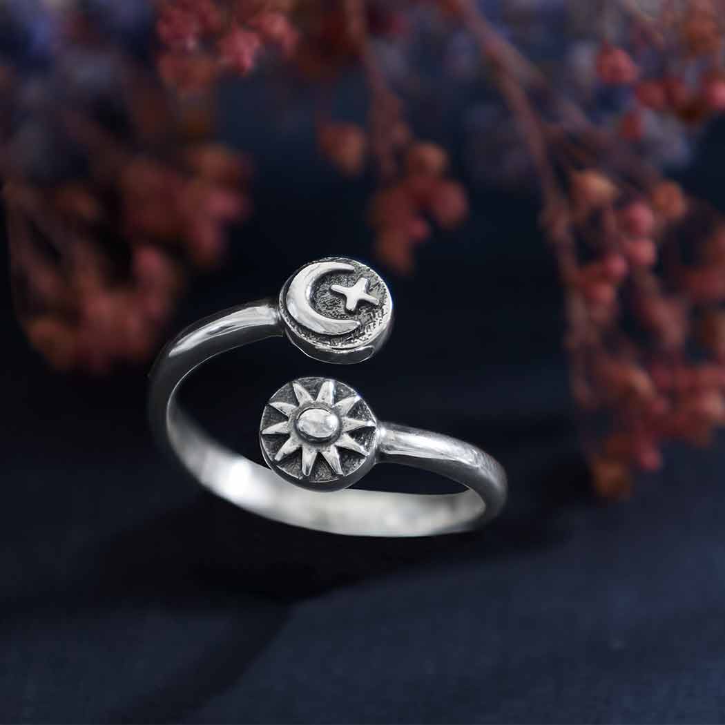 Sterling Silver Adjustable Moon Star and Sun Ring